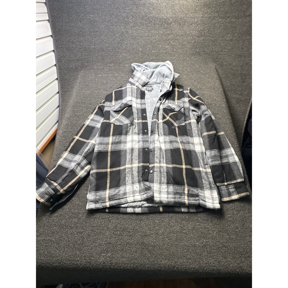Flint Workwear Hooded Flannel Jacket Mens M FLHJ-DUN Black Beige Plaid NEW